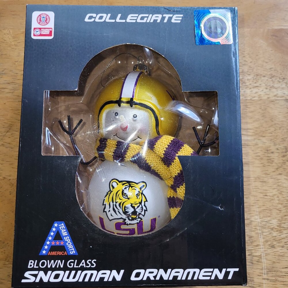 LSU Tigers NCAA College Collegiate 5.5" Blown Glass Snowman Ornament BN